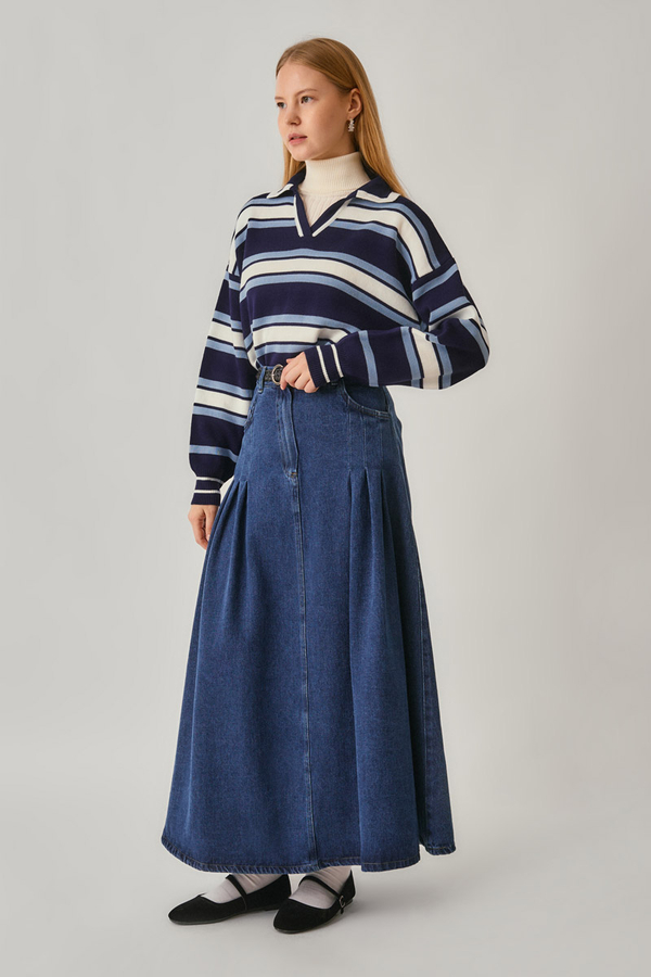 Pile Detaylı Denim Etek Açık Mavi (1)