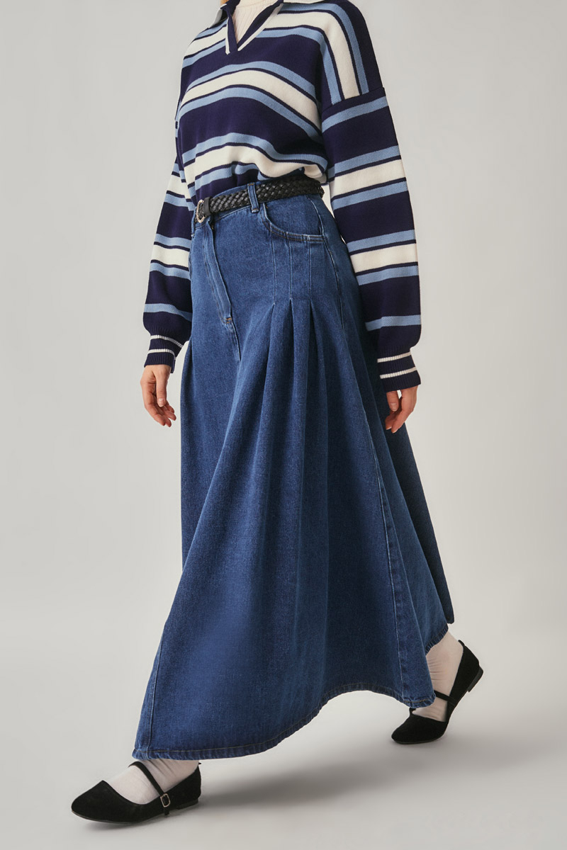 Pile Detaylı Denim Etek Açık Mavi