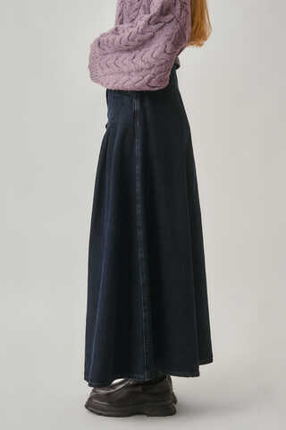 Pile Detaylı Denim Etek Koyu Mavi - 6