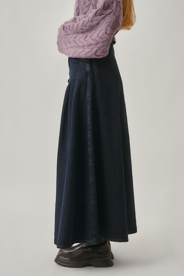 Pile Detaylı Denim Etek Koyu Mavi - 6