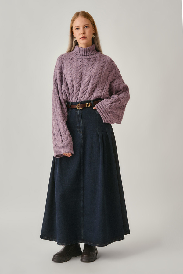 Pile Detaylı Denim Etek Koyu Mavi - 5