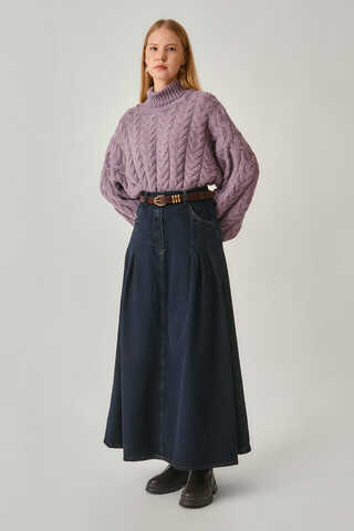 Pile Detaylı Denim Etek Koyu Mavi - 7