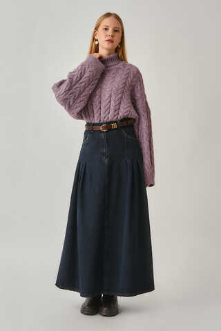 Pile Detaylı Denim Etek Koyu Mavi - 4