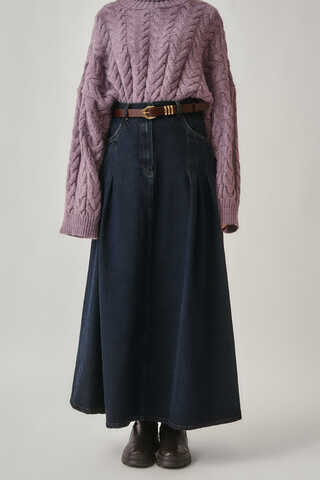 Pile Detaylı Denim Etek Koyu Mavi - 3