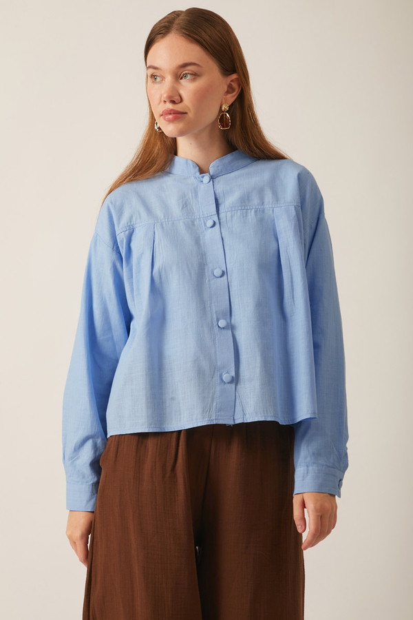 Pile Detaylı Keten Gömlek Bebe Mavisi - 5