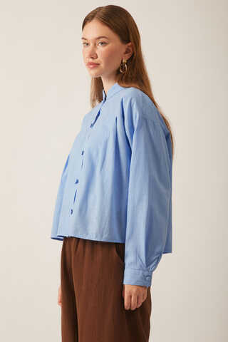 Pile Detaylı Keten Gömlek Bebe Mavisi - 7