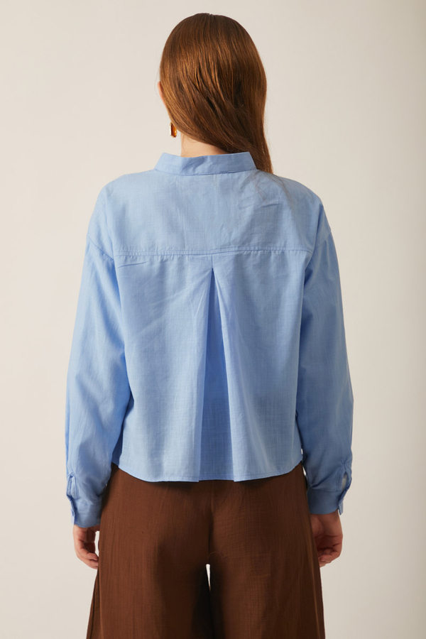 Pile Detaylı Keten Gömlek Bebe Mavisi - 11