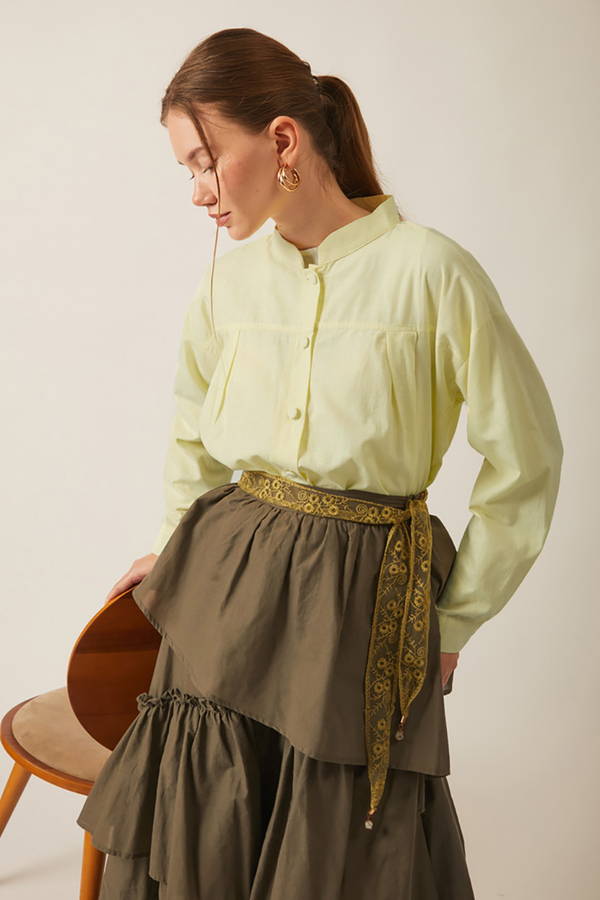 Pile Detaylı Keten Gömlek Tereyağı Sarısı 