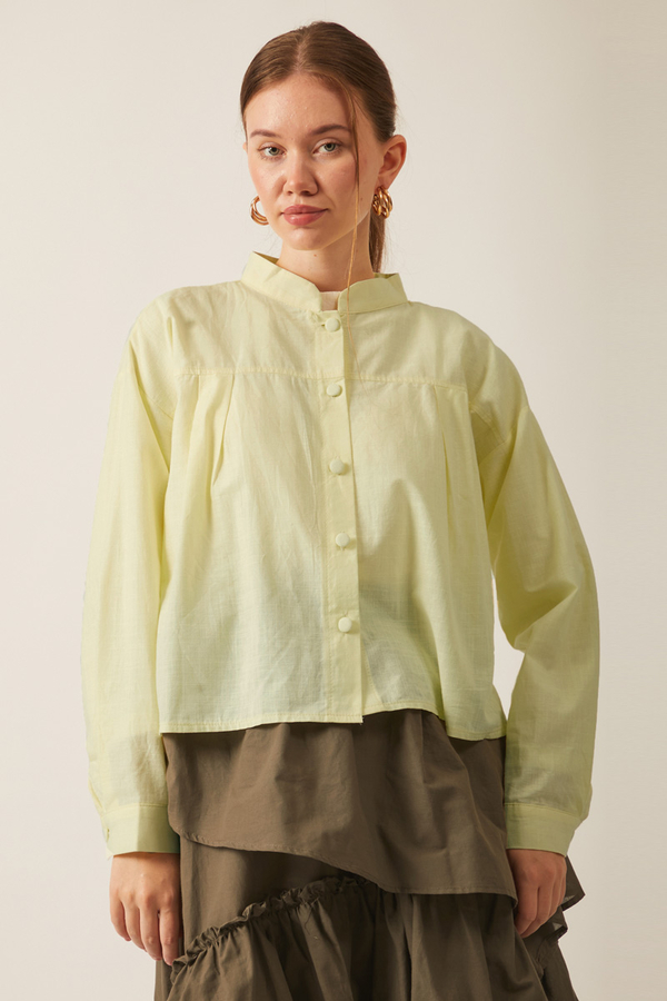 Pile Detaylı Keten Gömlek Tereyağı Sarısı - 5