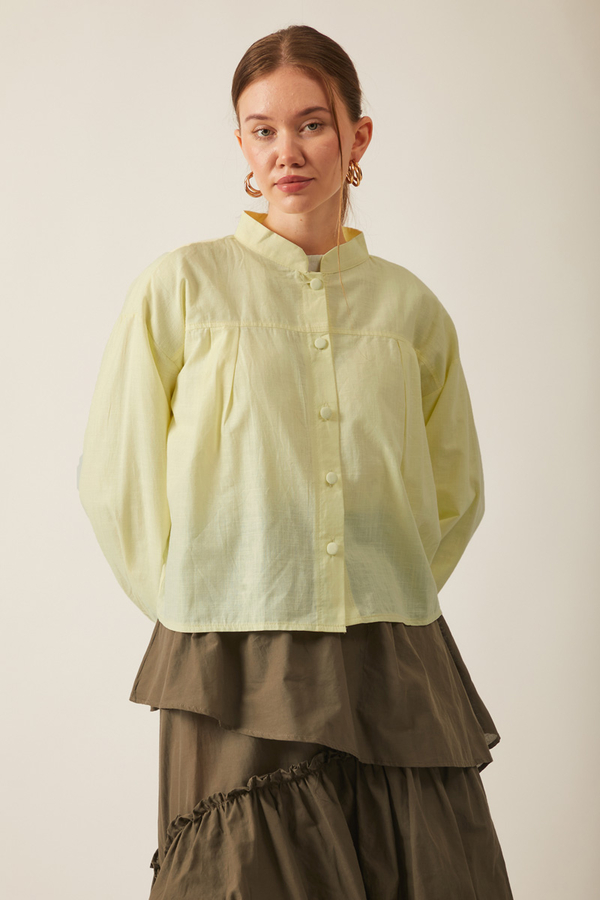 Pile Detaylı Keten Gömlek Tereyağı Sarısı - 6