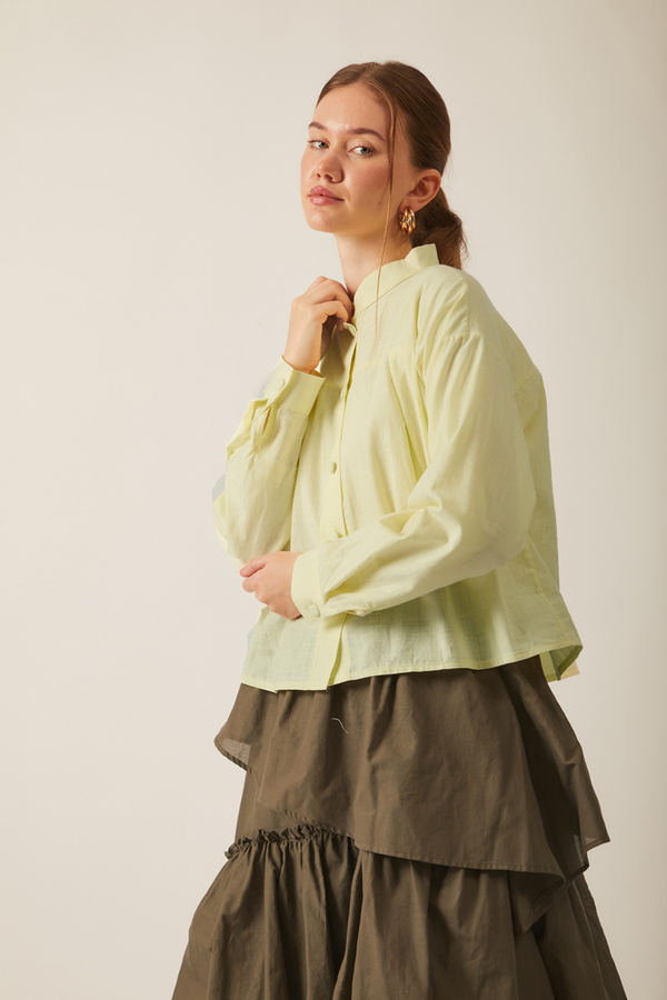 Pile Detaylı Keten Gömlek Tereyağı Sarısı - 8