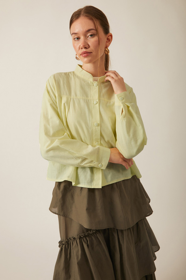 Pile Detaylı Keten Gömlek Tereyağı Sarısı - 11