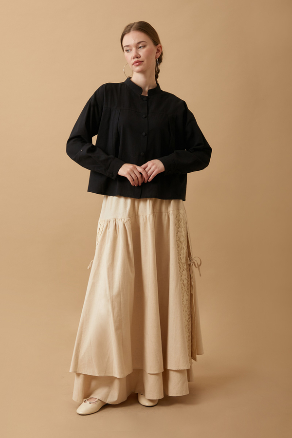 Pile Detaylı Kısa Gömlek Siyah - 2