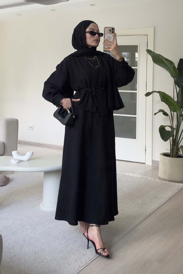 Pleated Panel Detail Skirt Set Black - 1