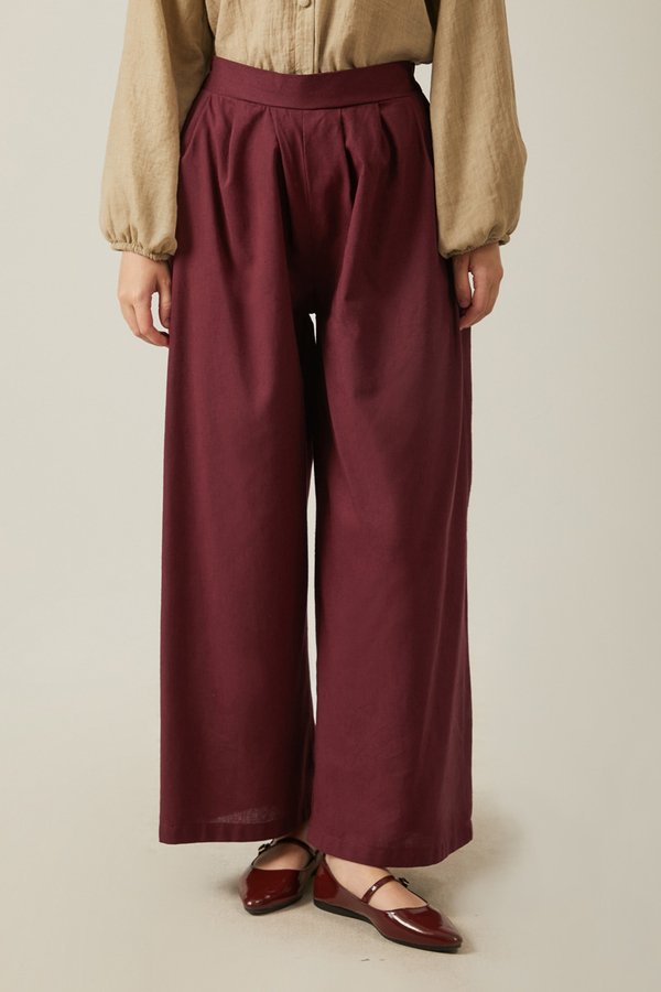 Keten Pileli Bol Paça Pantolon Bordo - 2