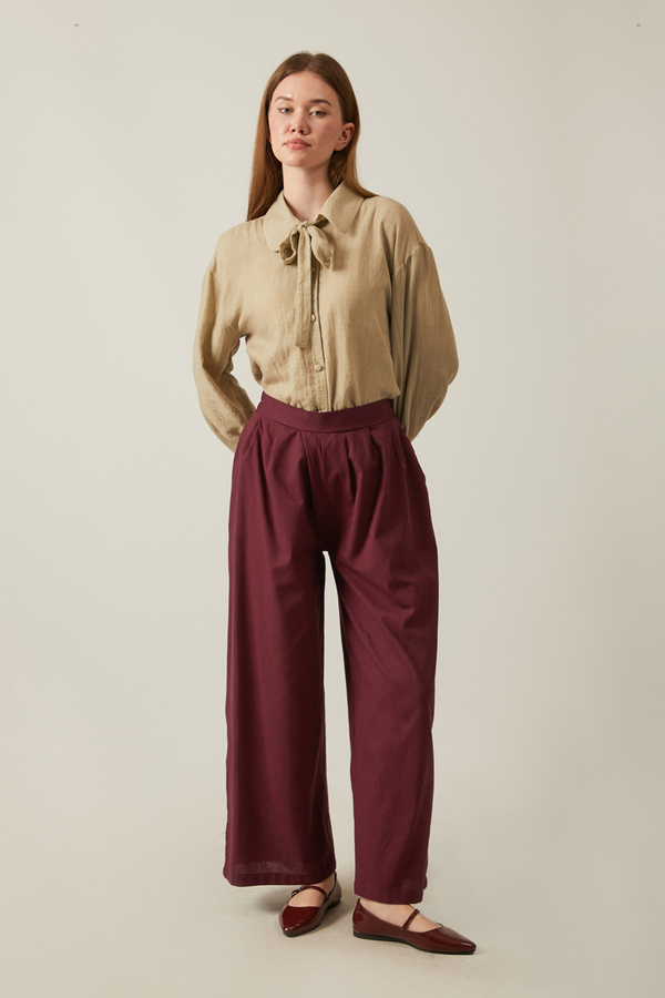 Keten Pileli Bol Paça Pantolon Bordo - 5