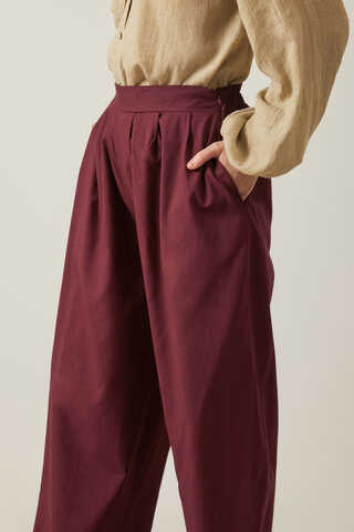 Keten Pileli Bol Paça Pantolon Bordo - 6