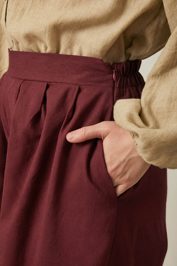 Keten Pileli Bol Paça Pantolon Bordo - 3