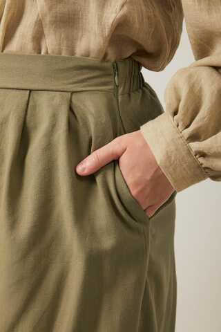 Keten Pileli Bol Paça Pantolon Haki - 6