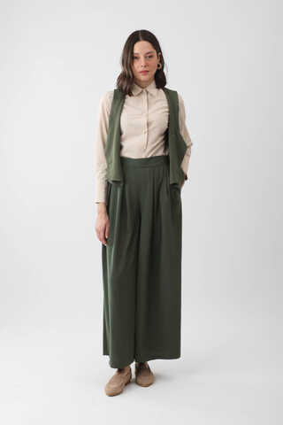 Pileli Bol Paça Pantolon Haki - 1