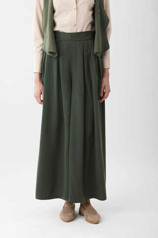 Pileli Bol Paça Pantolon Haki - 2