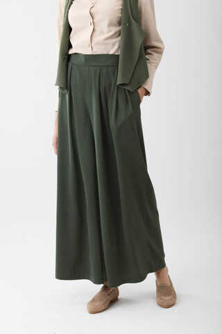 Pileli Bol Paça Pantolon Haki - 3