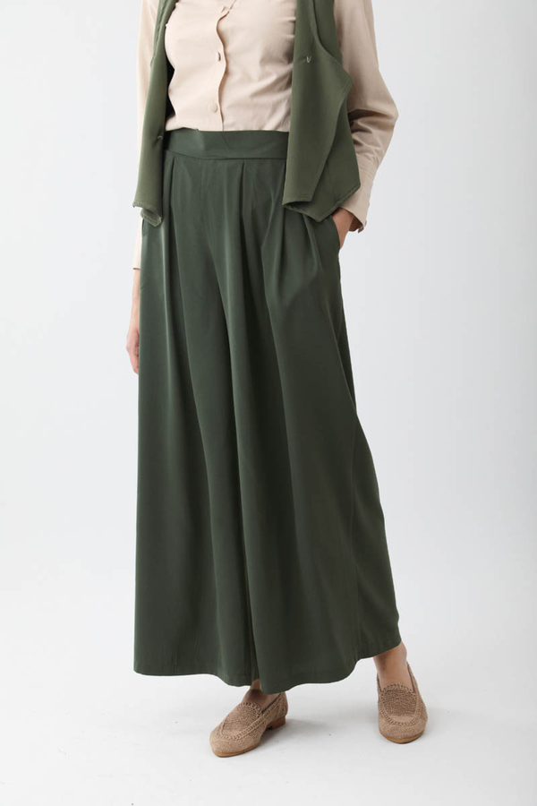 Pileli Bol Paça Pantolon Haki - 3