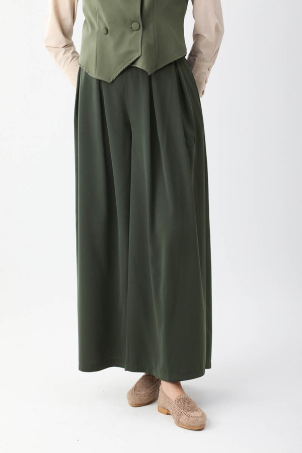 Pileli Bol Paça Pantolon Haki - 5