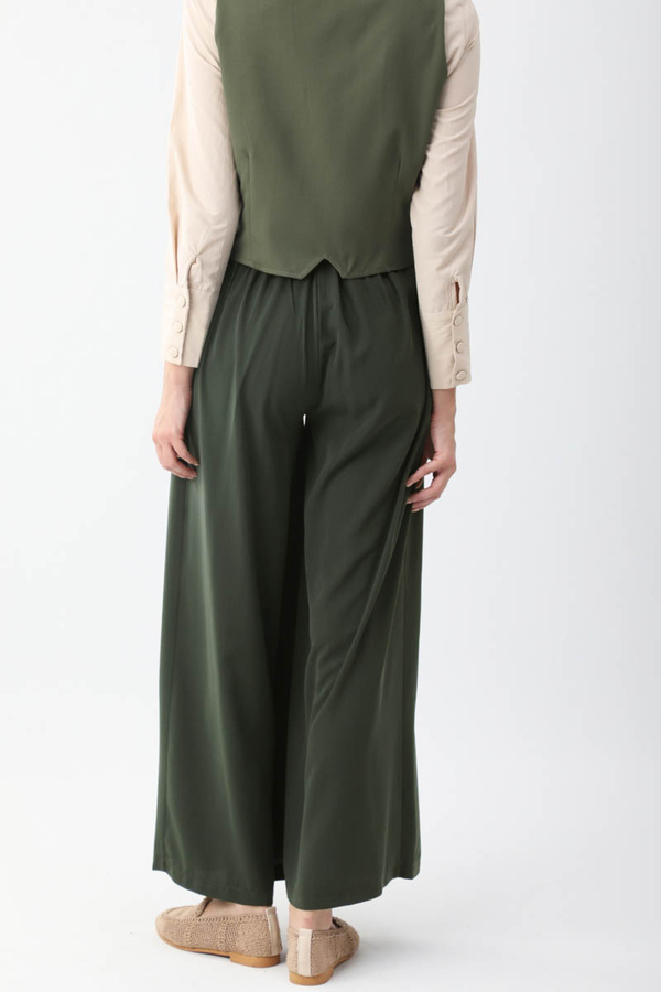 Pileli Bol Paça Pantolon Haki - 7