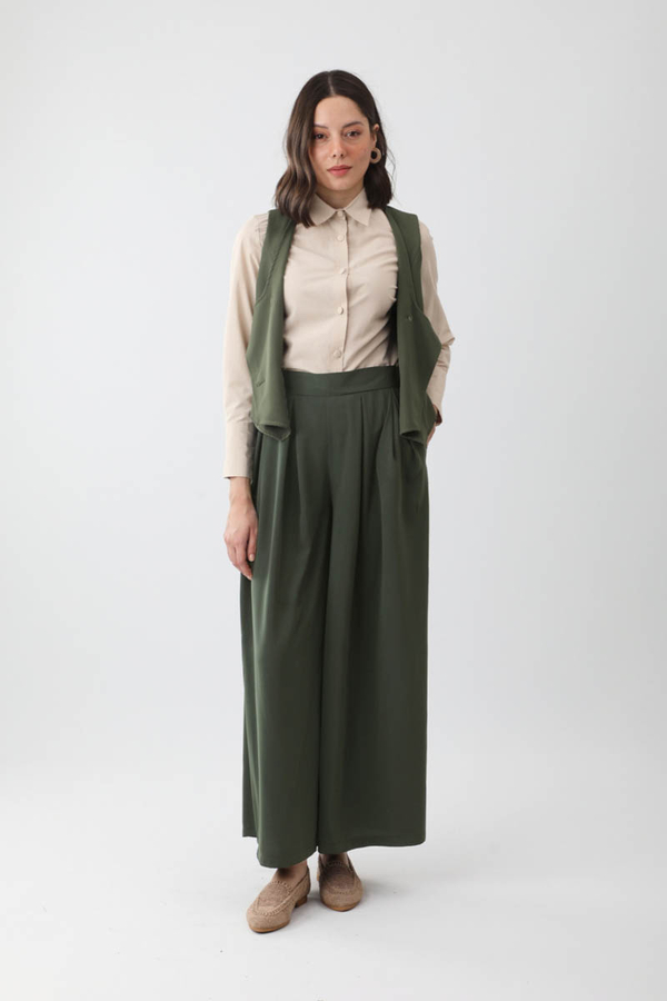 Pileli Bol Paça Pantolon Haki 