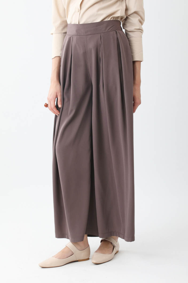 Pileli Bol Paça Pantolon Kahverengi - 1