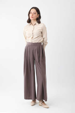 Pileli Bol Paça Pantolon Kahverengi - 4