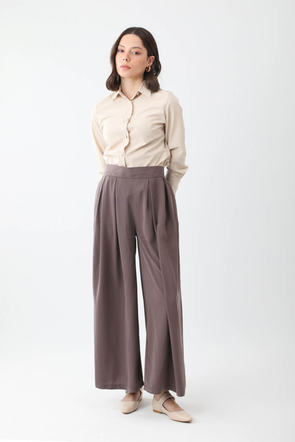 Pileli Bol Paça Pantolon Kahverengi - 4