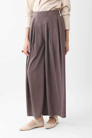 Pileli Bol Paça Pantolon Kahverengi - 1