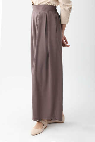 Pileli Bol Paça Pantolon Kahverengi - 5