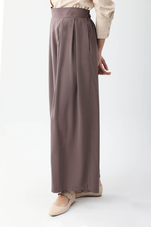 Pileli Bol Paça Pantolon Kahverengi - 5