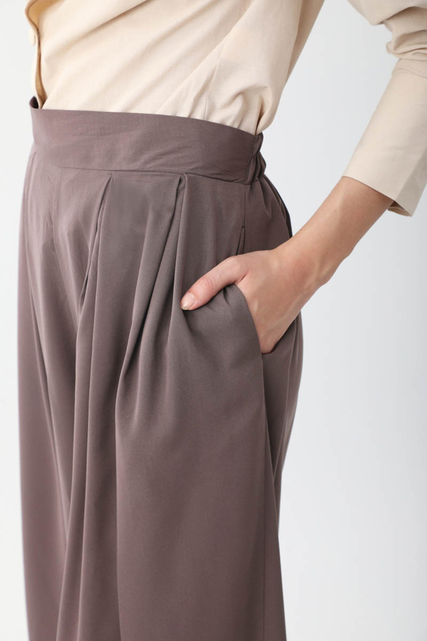 Pileli Bol Paça Pantolon Kahverengi - 6