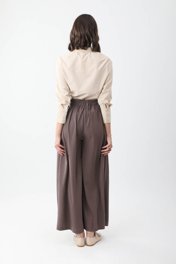 Pileli Bol Paça Pantolon Kahverengi - 7