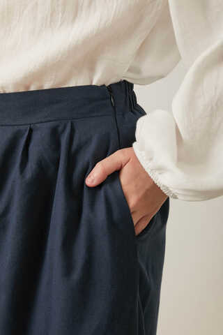 Keten Pileli Bol Paça Pantolon Lacivert - 3