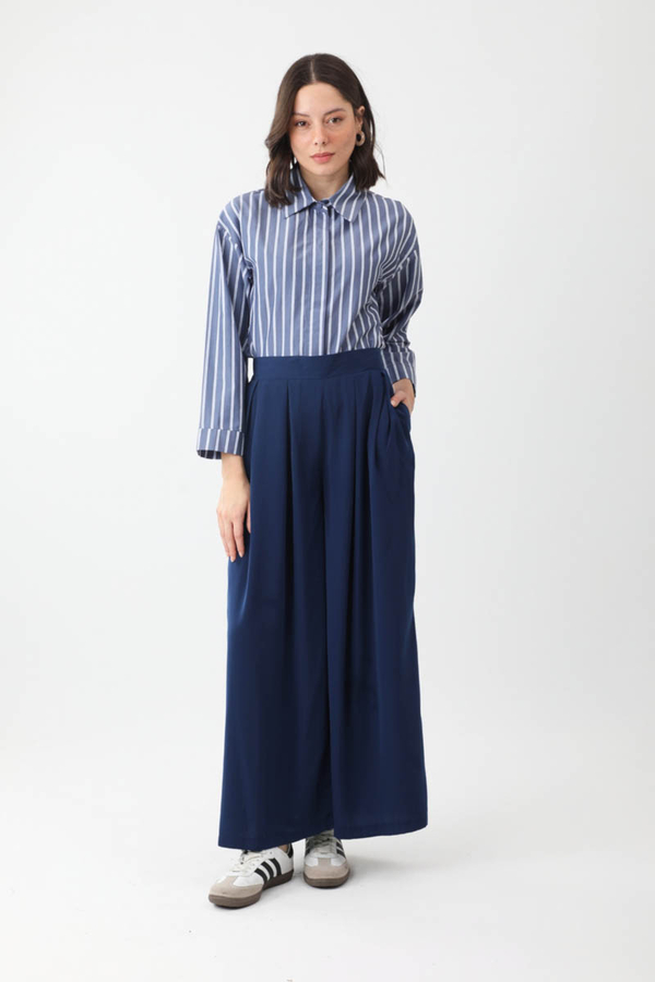 Pileli Bol Paça Pantolon Lacivert - 2