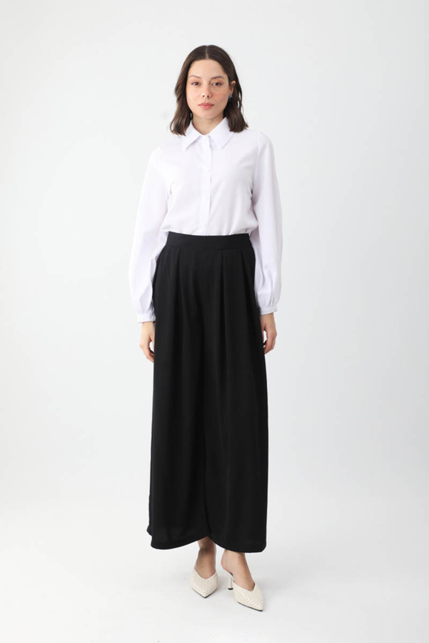 Pileli Bol Paça Pantolon Siyah - 1