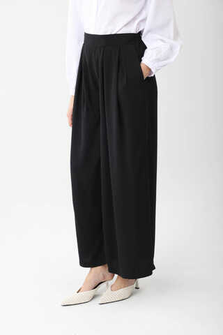 Pileli Bol Paça Pantolon Siyah - 7