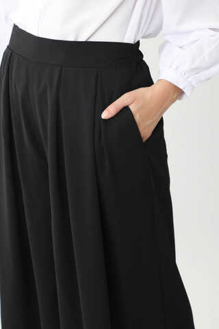 Pileli Bol Paça Pantolon Siyah - 8