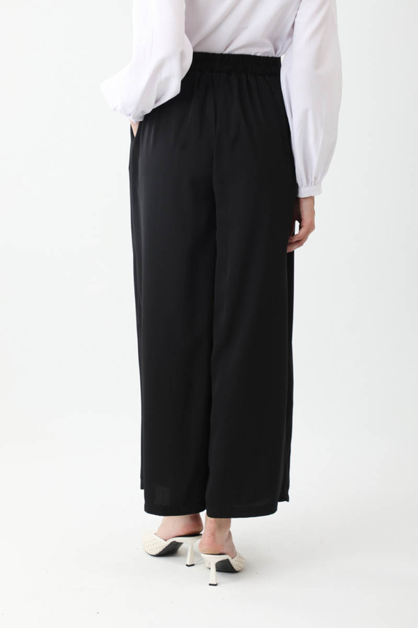 Pileli Bol Paça Pantolon Siyah - 11