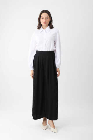 Pileli Bol Paça Pantolon Siyah - 1