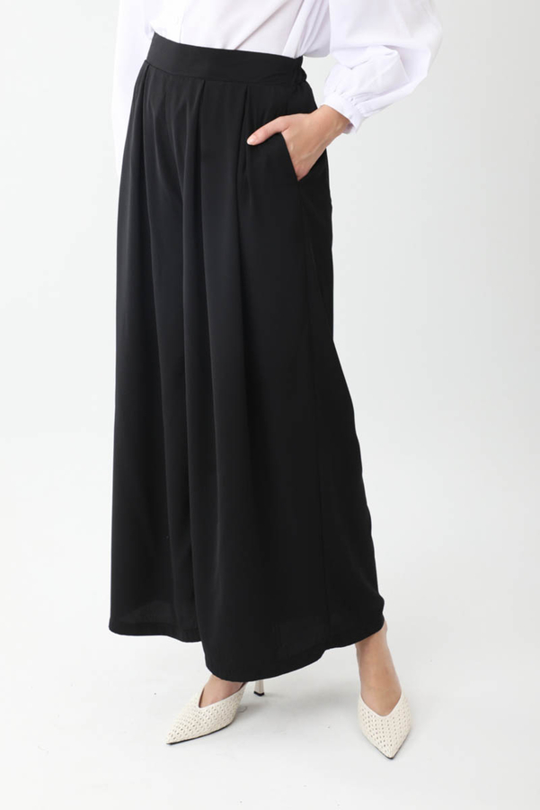 Pileli Bol Paça Pantolon Siyah - 9