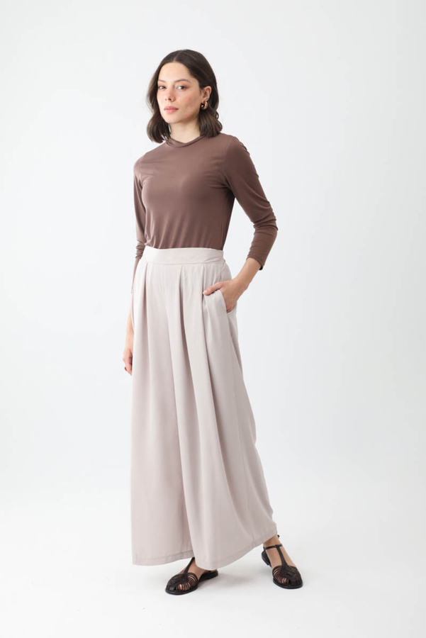 Pileli Bol Paça Pantolon Taş - 2