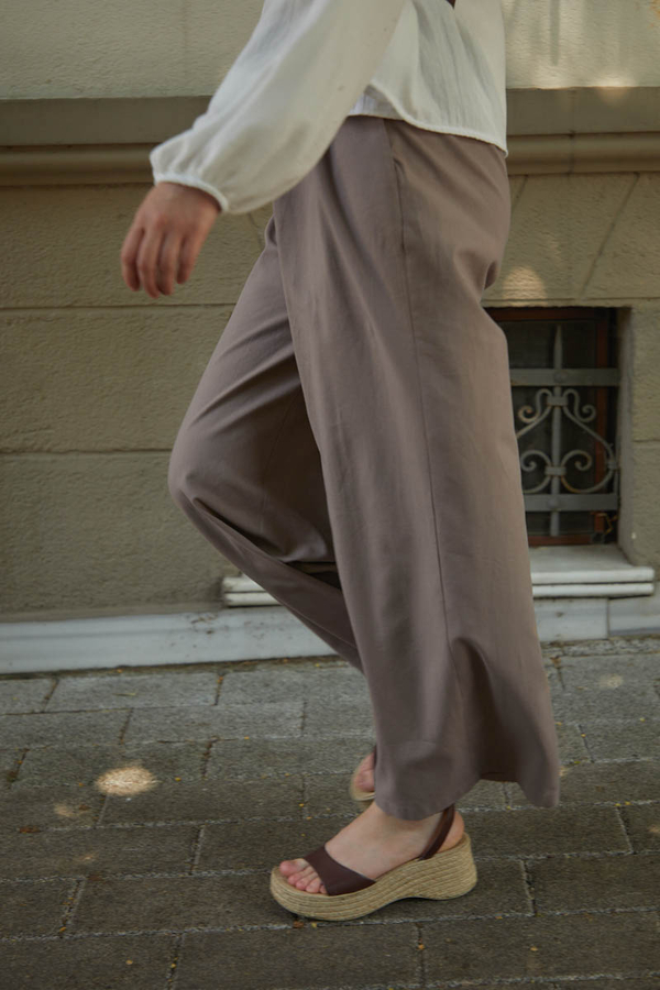 Keten Pileli Bol Paça Pantolon Vizon - 7