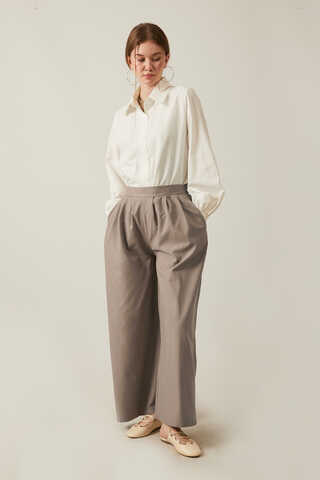 Keten Pileli Bol Paça Pantolon Vizon - 9