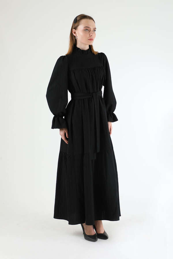 Pileli Elbise Siyah - 1